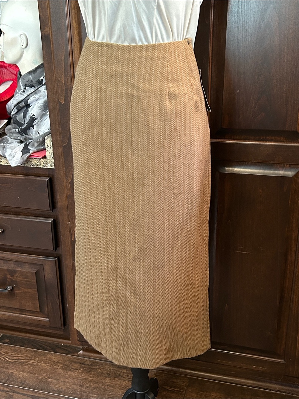 NWT Harve Benard Sz 6 High-Waist Camel Wool Chevron Pencil Midi Skirt